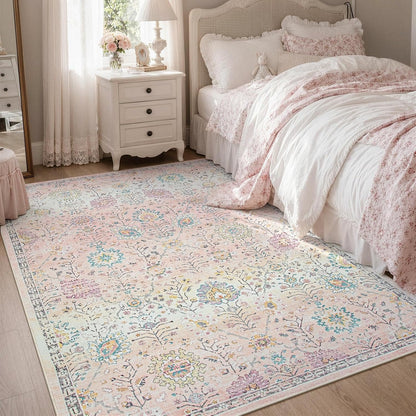 Pink Rug for Girls Bedroom 5x7, Soft Washable Floral Dorm Rug, Boho Non Slip Pastel Classroom Carpect for Dorm Room, Kids Room, Nursery and Playroom