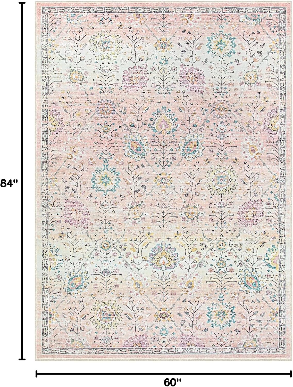 Pink Rug for Girls Bedroom 5x7, Soft Washable Floral Dorm Rug, Boho Non Slip Pastel Classroom Carpect for Dorm Room, Kids Room, Nursery and Playroom