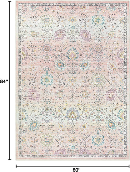 Pink Rug for Girls Bedroom 5x7, Soft Washable Floral Dorm Rug, Boho Non Slip Pastel Classroom Carpect for Dorm Room, Kids Room, Nursery and Playroom