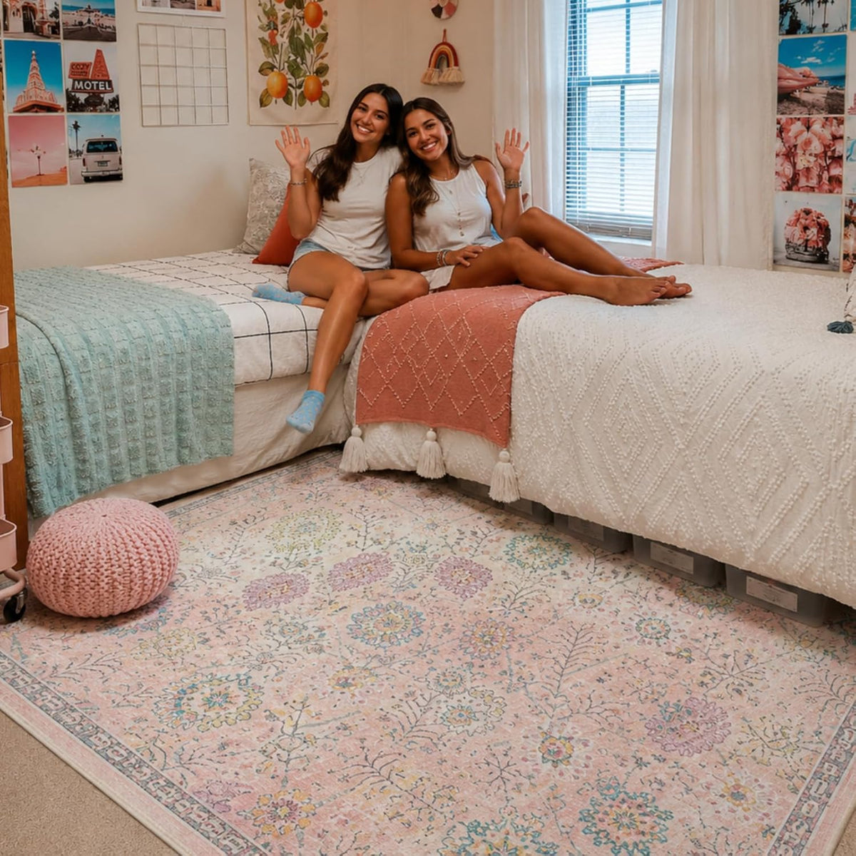Pink Rug for Girls Bedroom 5x7, Soft Washable Floral Dorm Rug, Boho Non Slip Pastel Classroom Carpect for Dorm Room, Kids Room, Nursery and Playroom