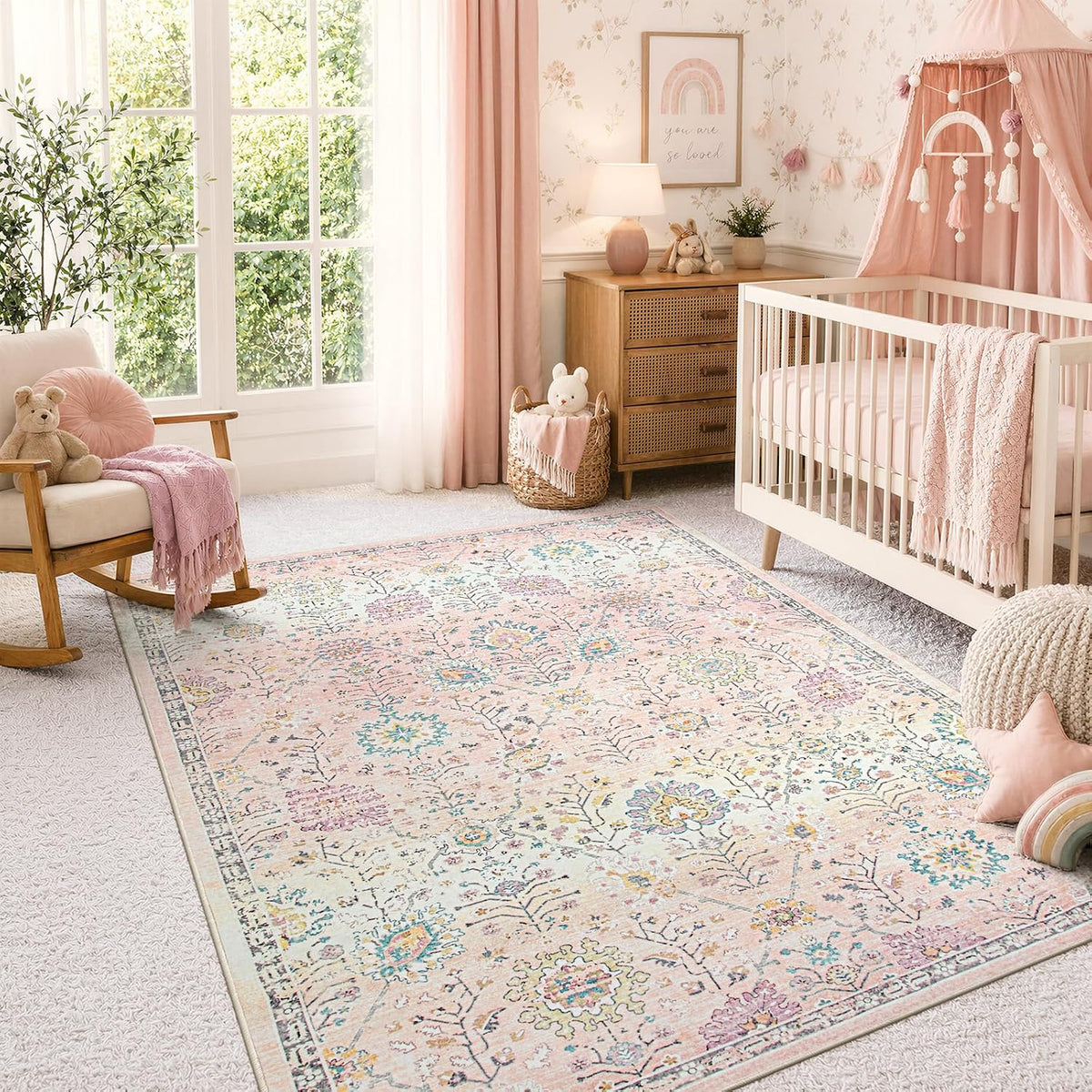 Pink Rug for Girls Bedroom 5x7, Soft Washable Floral Dorm Rug, Boho Non Slip Pastel Classroom Carpect for Dorm Room, Kids Room, Nursery and Playroom