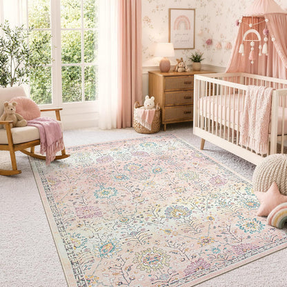 Pink Rug for Girls Bedroom 5x7, Soft Washable Floral Dorm Rug, Boho Non Slip Pastel Classroom Carpect for Dorm Room, Kids Room, Nursery and Playroom