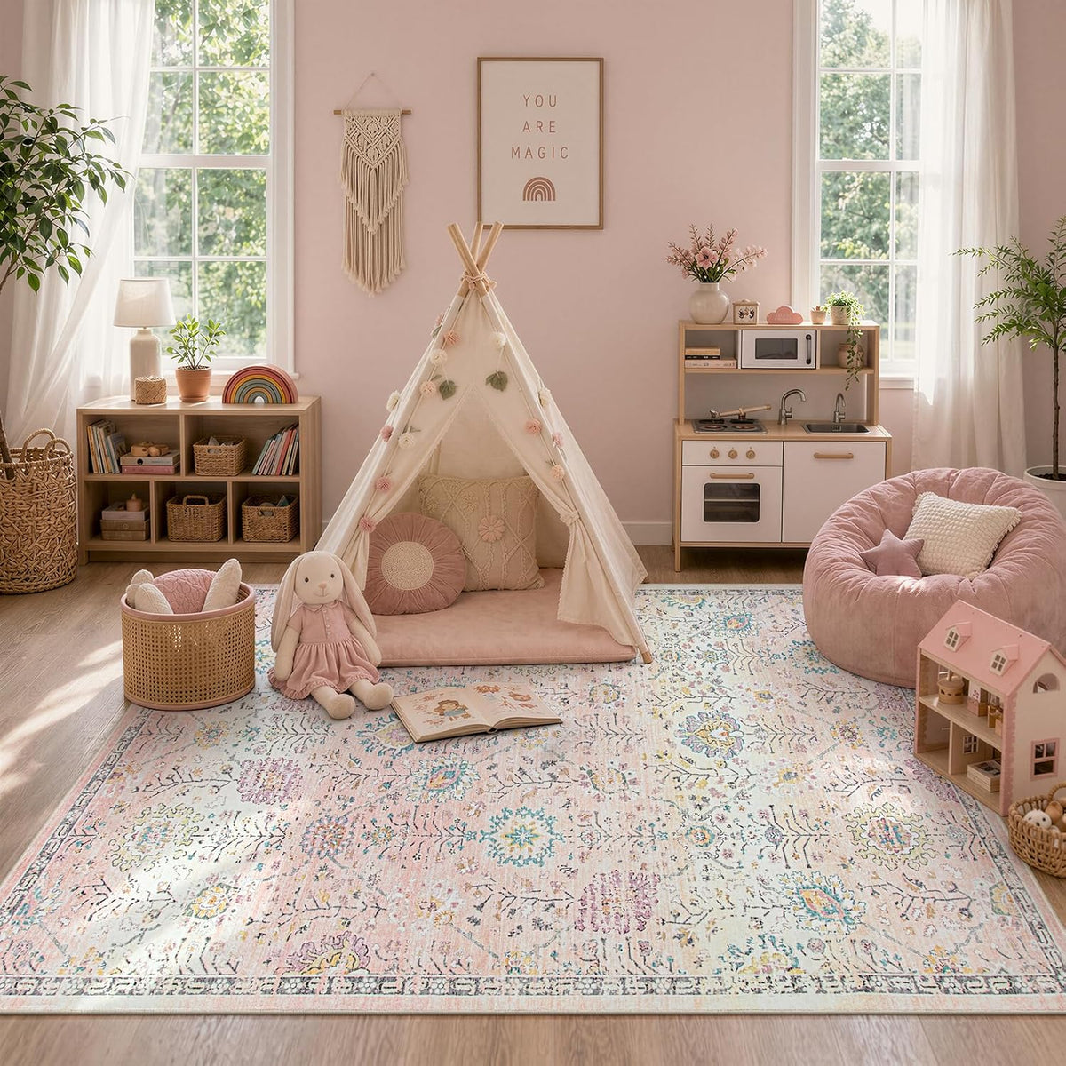 Pink Rug for Girls Bedroom 5x7, Soft Washable Floral Dorm Rug, Boho Non Slip Pastel Classroom Carpect for Dorm Room, Kids Room, Nursery and Playroom