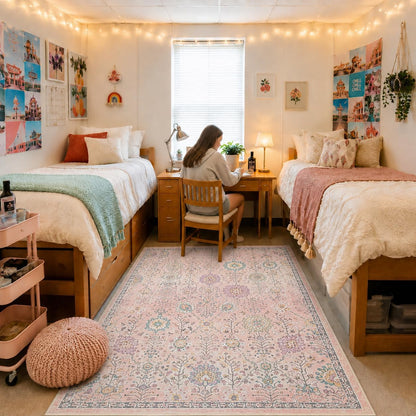 Pink Rug for Girls Bedroom 5x7, Soft Washable Floral Dorm Rug, Boho Non Slip Pastel Classroom Carpect for Dorm Room, Kids Room, Nursery and Playroom
