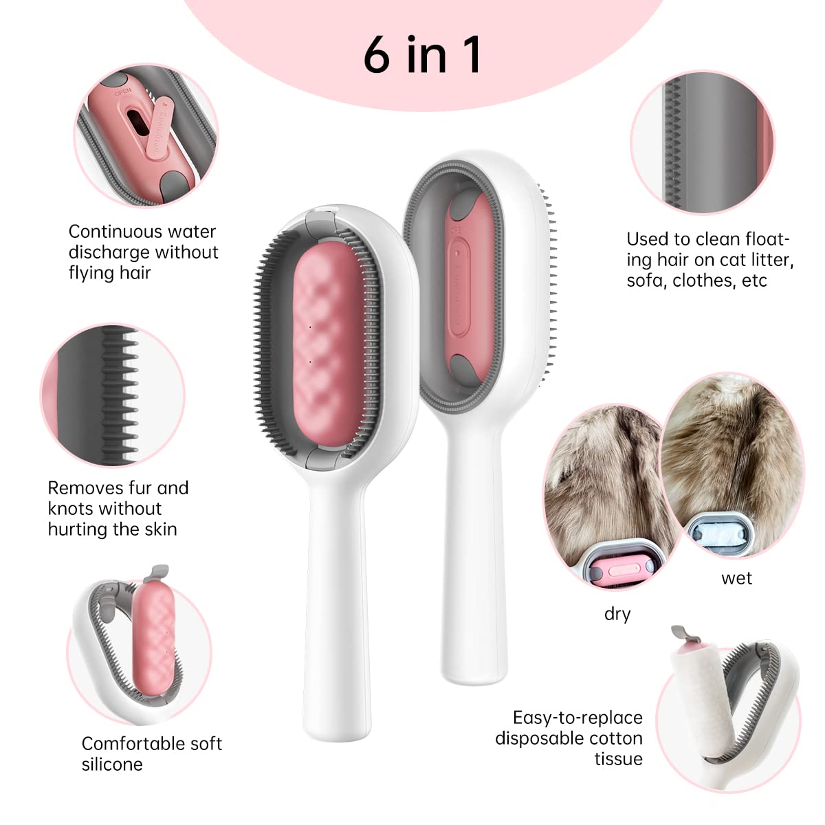 Hair Brush, Self Cleaning Slicker Brushes for Dogs Cats, Gently Removes Loose Undercoat Mats Tangled Hair Brush with Water Tank for Pet Massage, LongHaired Pink