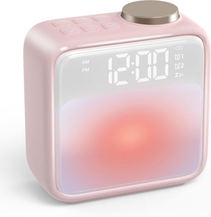 Alarm Clock Night Lights, Rechargeable Alarm Clock for Bedrooms, 6 Scenes & White Noise Sync, Dual Alarms & Snooze, for Heavy Sleepers, Gifts for Kids Teens (Pink)