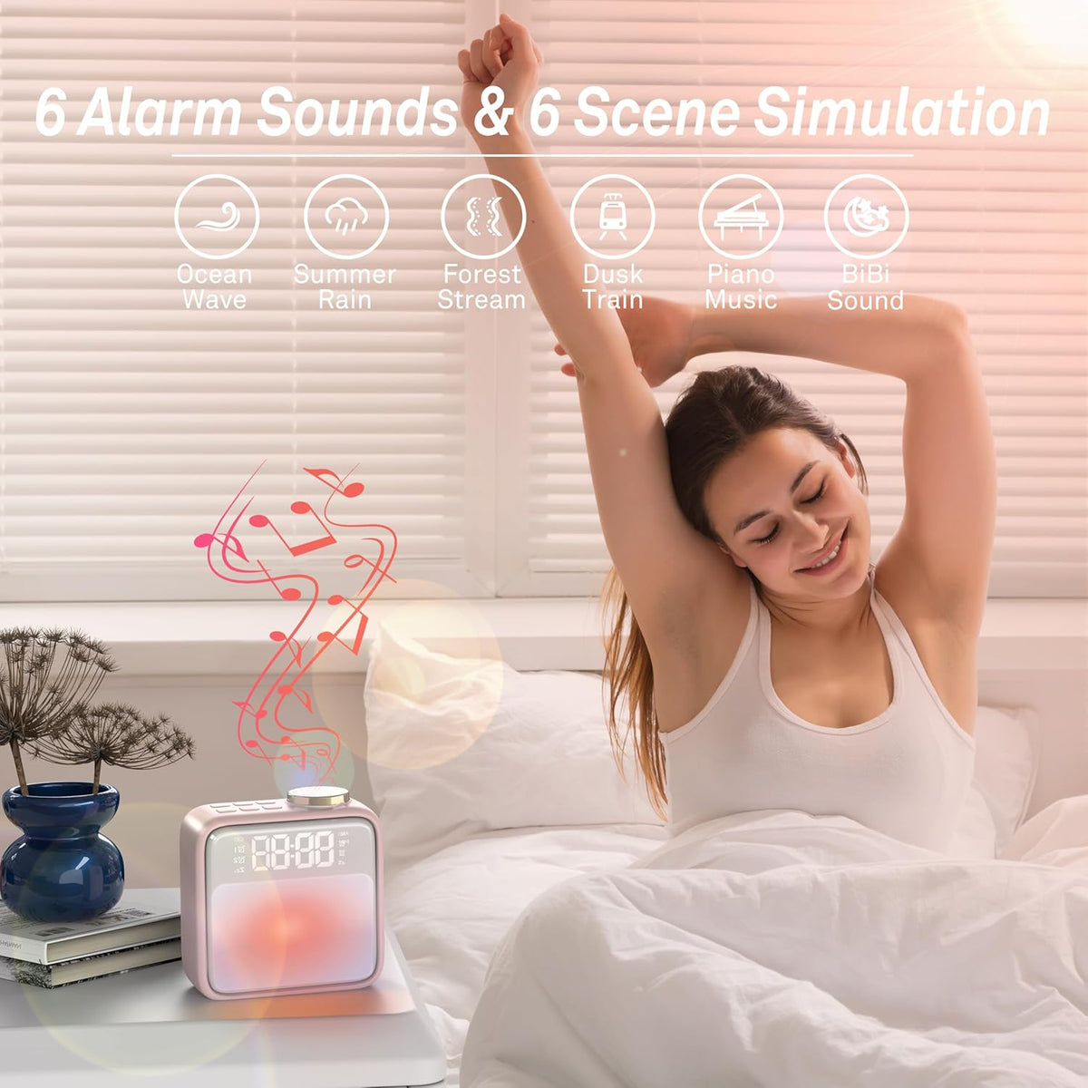 Alarm Clock Night Lights, Rechargeable Alarm Clock for Bedrooms, 6 Scenes & White Noise Sync, Dual Alarms & Snooze, for Heavy Sleepers, Gifts for Kids Teens (Pink)
