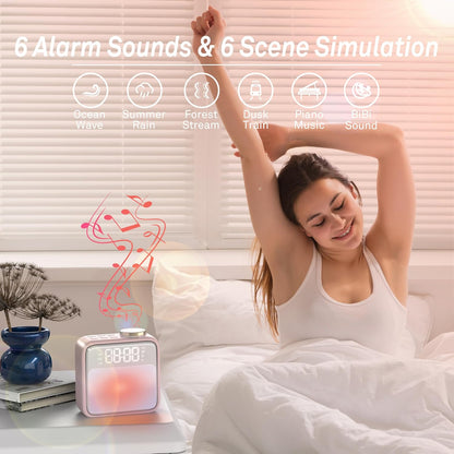 Alarm Clock Night Lights, Rechargeable Alarm Clock for Bedrooms, 6 Scenes & White Noise Sync, Dual Alarms & Snooze, for Heavy Sleepers, Gifts for Kids Teens (Pink)