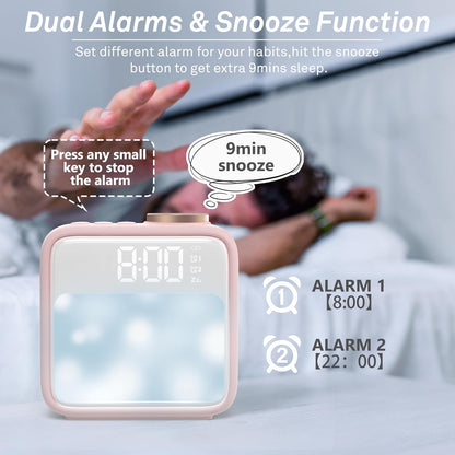 Alarm Clock Night Lights, Rechargeable Alarm Clock for Bedrooms, 6 Scenes & White Noise Sync, Dual Alarms & Snooze, for Heavy Sleepers, Gifts for Kids Teens (Pink)