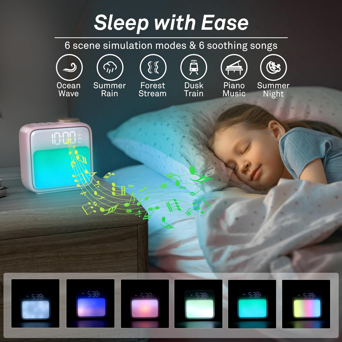 Alarm Clock Night Lights, Rechargeable Alarm Clock for Bedrooms, 6 Scenes & White Noise Sync, Dual Alarms & Snooze, for Heavy Sleepers, Gifts for Kids Teens (Pink)