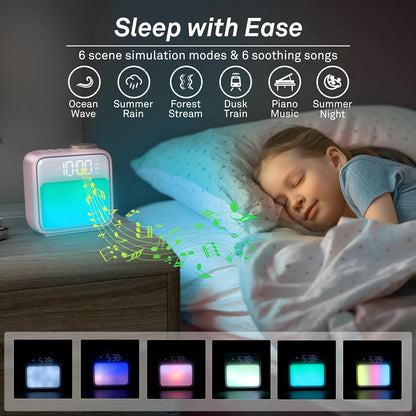 Alarm Clock Night Lights, Rechargeable Alarm Clock for Bedrooms, 6 Scenes & White Noise Sync, Dual Alarms & Snooze, for Heavy Sleepers, Gifts for Kids Teens (Pink)