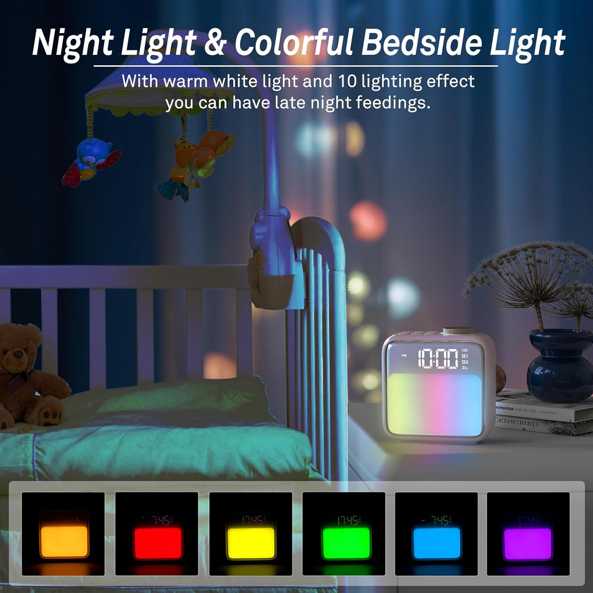 Alarm Clock Night Lights, Rechargeable Alarm Clock for Bedrooms, 6 Scenes & White Noise Sync, Dual Alarms & Snooze, for Heavy Sleepers, Gifts for Kids Teens (Pink)
