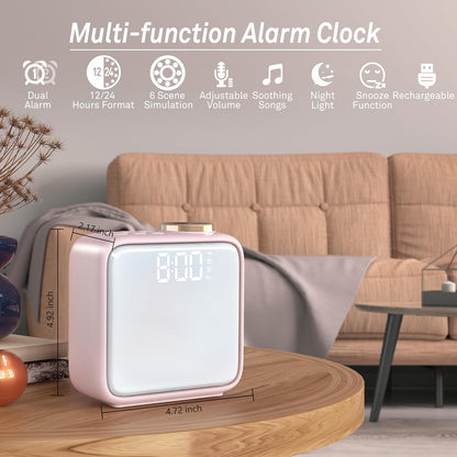 Alarm Clock Night Lights, Rechargeable Alarm Clock for Bedrooms, 6 Scenes & White Noise Sync, Dual Alarms & Snooze, for Heavy Sleepers, Gifts for Kids Teens (Pink)