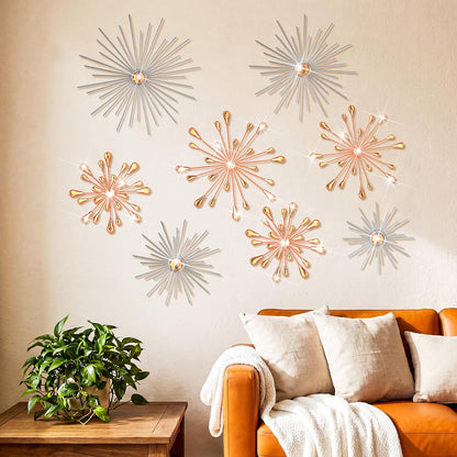 8 Pcs Orange Metal Wall Art Cast Iron Starburst Wall Decor Bling Crystal Sculptures Living Room 3D Teardrop Radial Rhinestone Hanging Diamond Accents for Home Office Bedroom Entryway