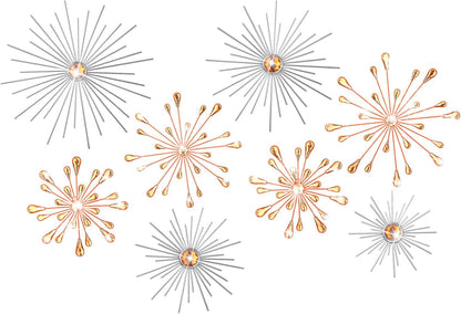 8 Pcs Orange Metal Wall Art Cast Iron Starburst Wall Decor Bling Crystal Sculptures Living Room 3D Teardrop Radial Rhinestone Hanging Diamond Accents for Home Office Bedroom Entryway