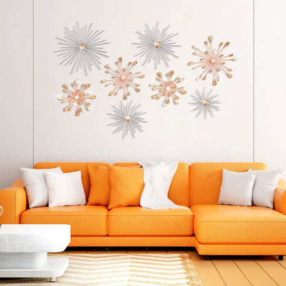 8 Pcs Orange Metal Wall Art Cast Iron Starburst Wall Decor Bling Crystal Sculptures Living Room 3D Teardrop Radial Rhinestone Hanging Diamond Accents for Home Office Bedroom Entryway