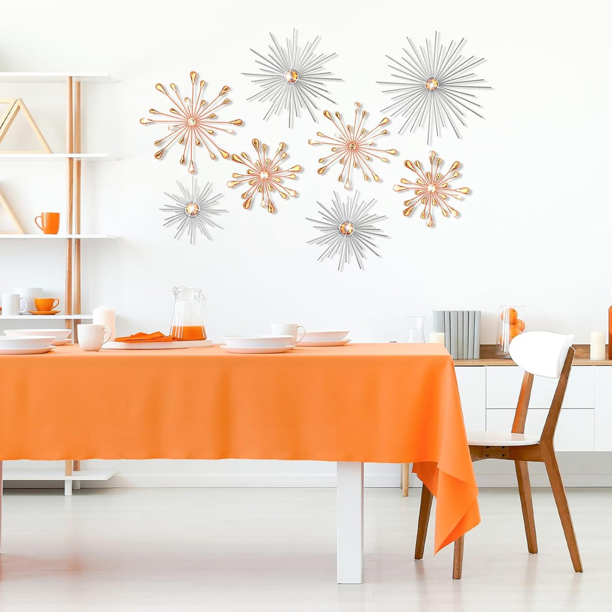 8 Pcs Orange Metal Wall Art Cast Iron Starburst Wall Decor Bling Crystal Sculptures Living Room 3D Teardrop Radial Rhinestone Hanging Diamond Accents for Home Office Bedroom Entryway