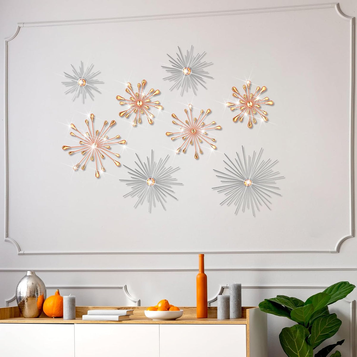 8 Pcs Orange Metal Wall Art Cast Iron Starburst Wall Decor Bling Crystal Sculptures Living Room 3D Teardrop Radial Rhinestone Hanging Diamond Accents for Home Office Bedroom Entryway