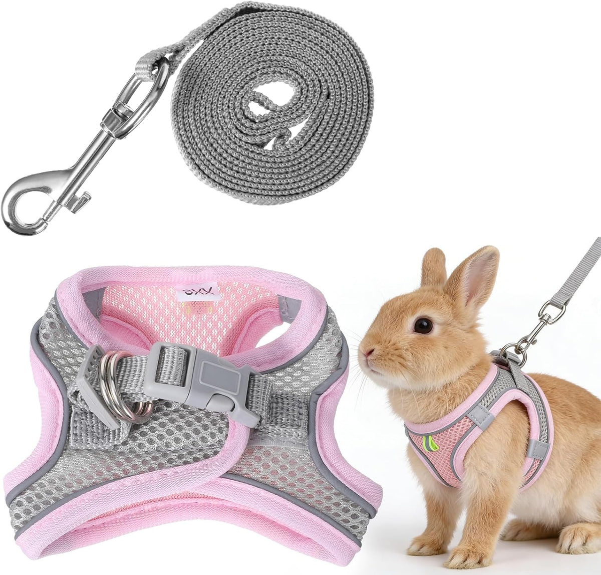Bunny Harness and Leash Set Breathable Pet Rabbit Harness and Leash Set Soft Rabbit Leashes Reflective Strips Jacket Escape-Proof Walking Gear for Rabbits, Small Kitten, Puppy, Guinea Pigs (Pink, XXS)