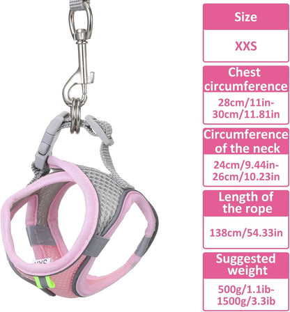 Bunny Harness and Leash Set Breathable Pet Rabbit Harness and Leash Set Soft Rabbit Leashes Reflective Strips Jacket Escape-Proof Walking Gear for Rabbits, Small Kitten, Puppy, Guinea Pigs (Pink, XXS)