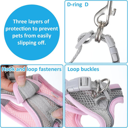 Bunny Harness and Leash Set Breathable Pet Rabbit Harness and Leash Set Soft Rabbit Leashes Reflective Strips Jacket Escape-Proof Walking Gear for Rabbits, Small Kitten, Puppy, Guinea Pigs (Pink, XXS)