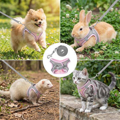 Bunny Harness and Leash Set Breathable Pet Rabbit Harness and Leash Set Soft Rabbit Leashes Reflective Strips Jacket Escape-Proof Walking Gear for Rabbits, Small Kitten, Puppy, Guinea Pigs (Pink, XXS)