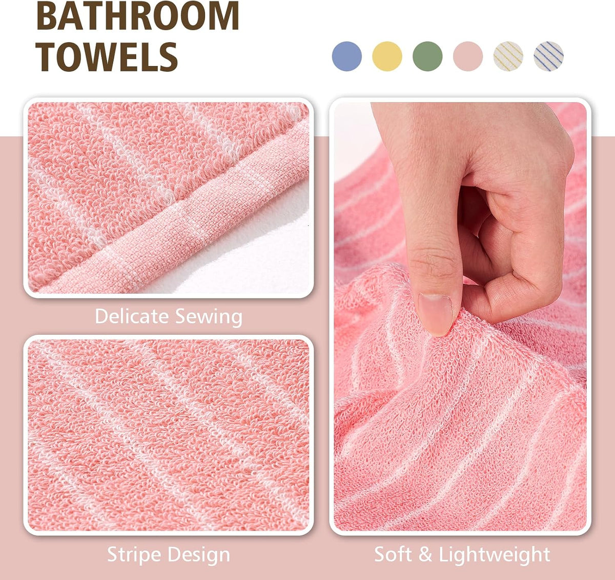 Hand Towels Set of 2 Striped 100% Cotton Reversible, Soft & Absorbent Decorative Hand Towel for Bathroom Clearance (Pink/White Stripe, 2Pack)