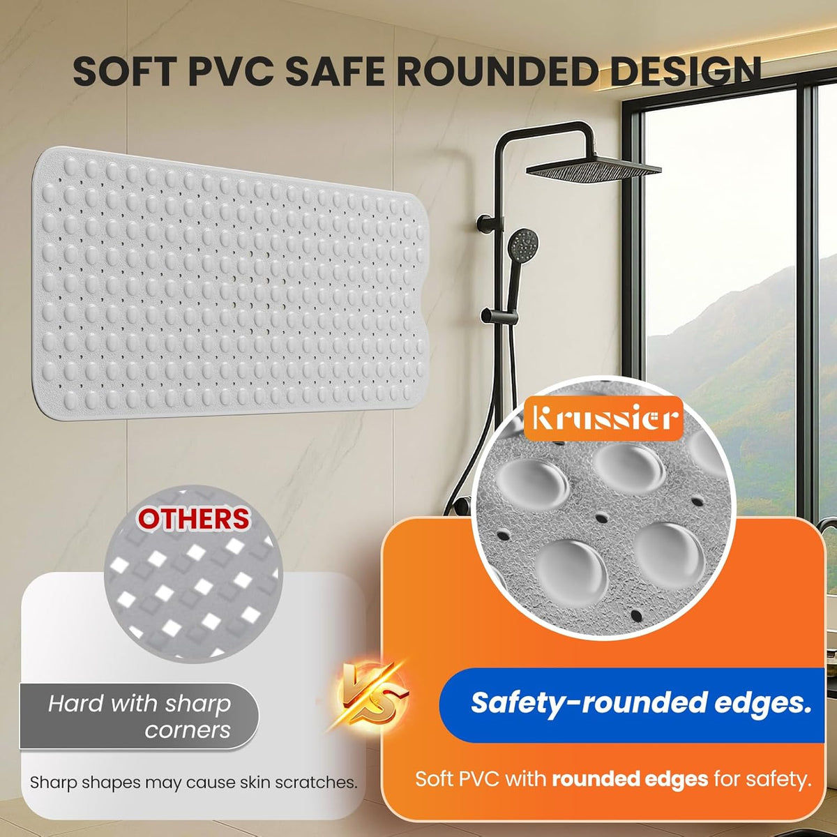 Non-Slip Bath Tub Mat, 39x16 Inch Extra Large Shower Mat with Drain Holes & Suction Cups, Machine Washable, Pink