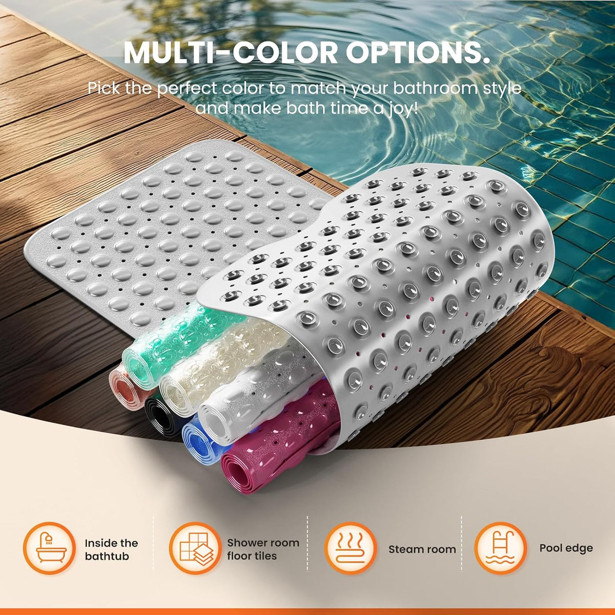 Non-Slip Bath Tub Mat, 39x16 Inch Extra Large Shower Mat with Drain Holes & Suction Cups, Machine Washable, Pink