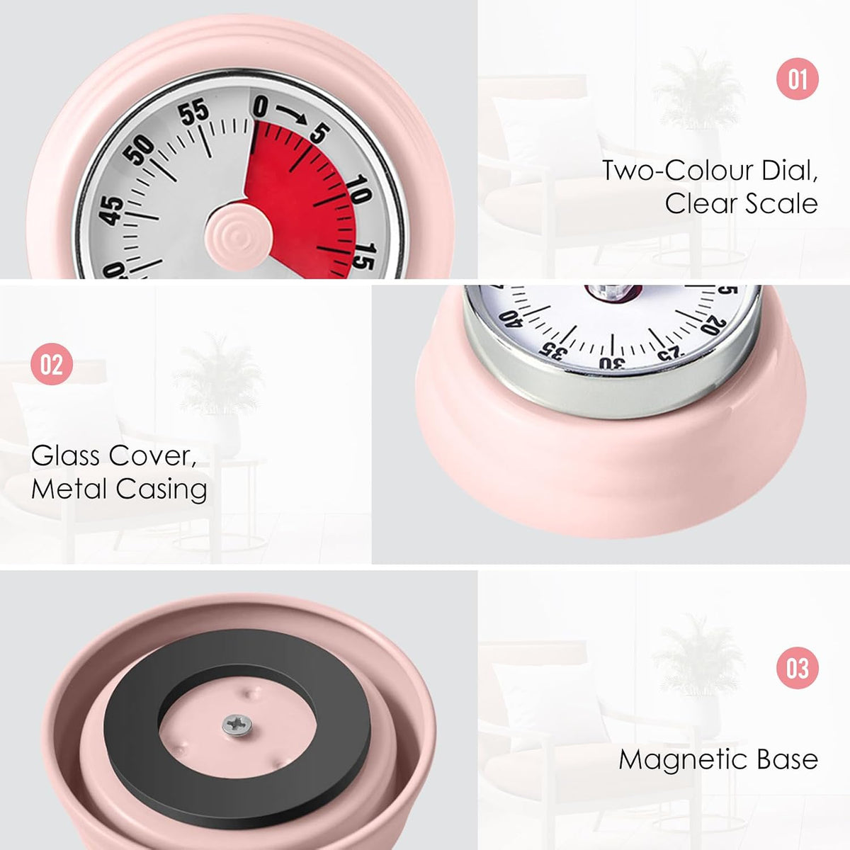 Visual Timer, 60-Minute Countdown Timer with Magnetic Base (Pink)