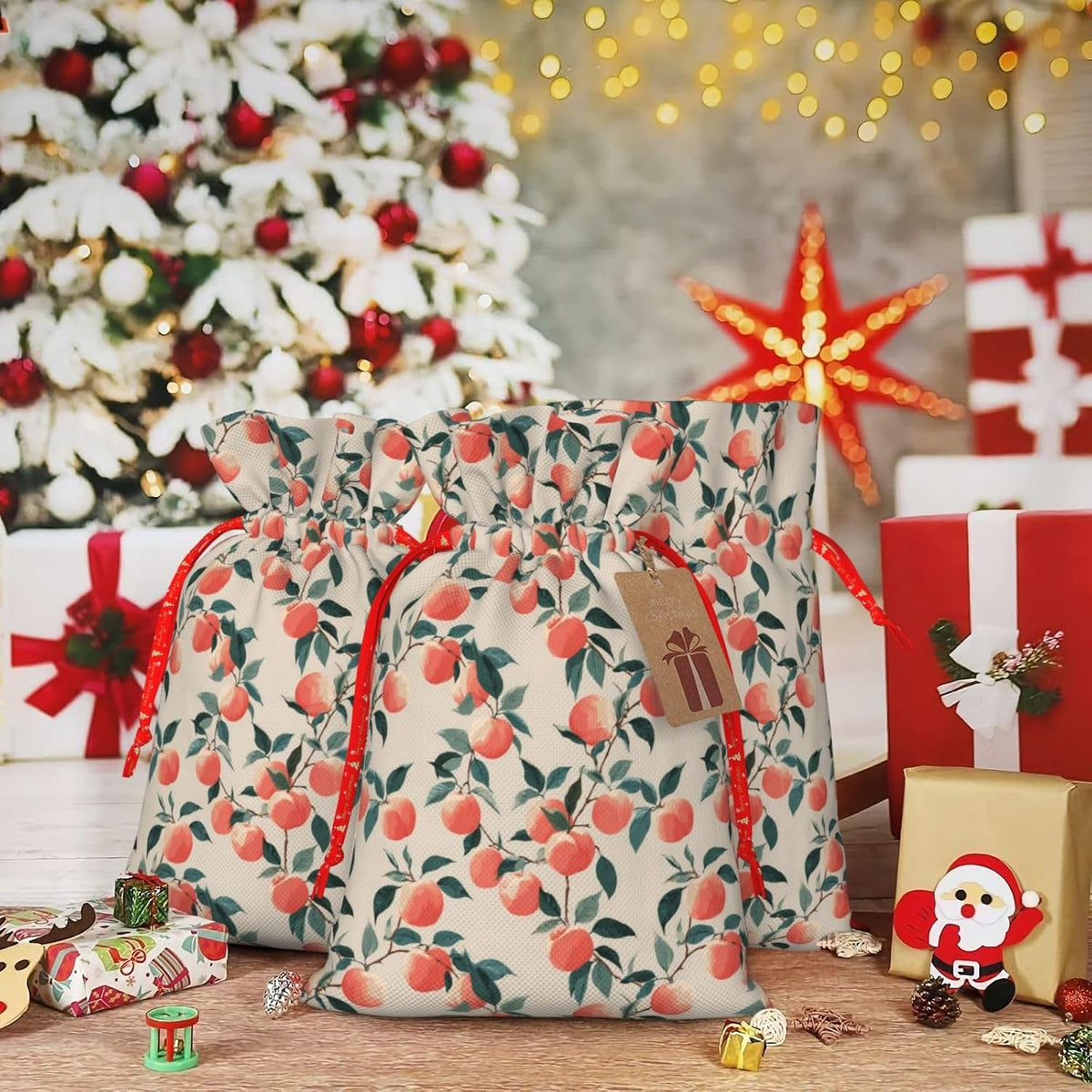 Fruits Peach (3) Print Christmas Drawstring Gift Bags, Reusable Candy Treat Bags For Holiday Birthday Party