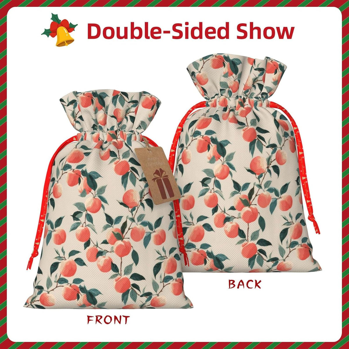 Fruits Peach (3) Print Christmas Drawstring Gift Bags, Reusable Candy Treat Bags For Holiday Birthday Party