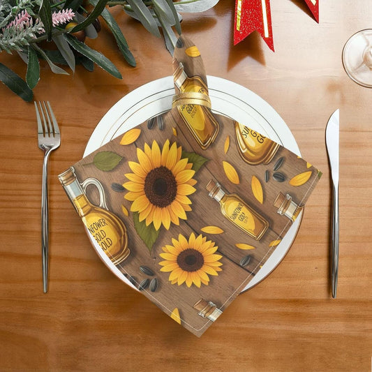 Sunflower Oil Gold Pattern 20x20 Inch Cloth Napkins Set of 6, Satin Peach Skin Polyester Dinner Napkins, Washable Reusable Table Napkins with Hemmed Edges for Wedding Party Restaurant Everyda