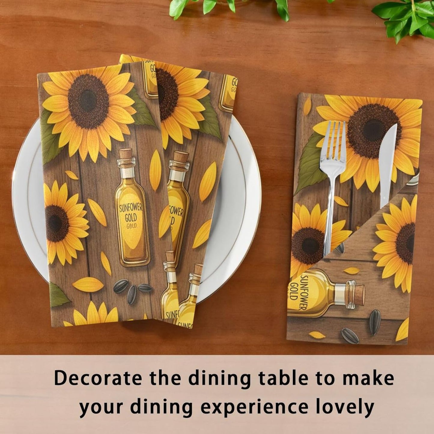 Sunflower Oil Gold Pattern 20x20 Inch Cloth Napkins Set of 6, Satin Peach Skin Polyester Dinner Napkins, Washable Reusable Table Napkins with Hemmed Edges for Wedding Party Restaurant Everyda