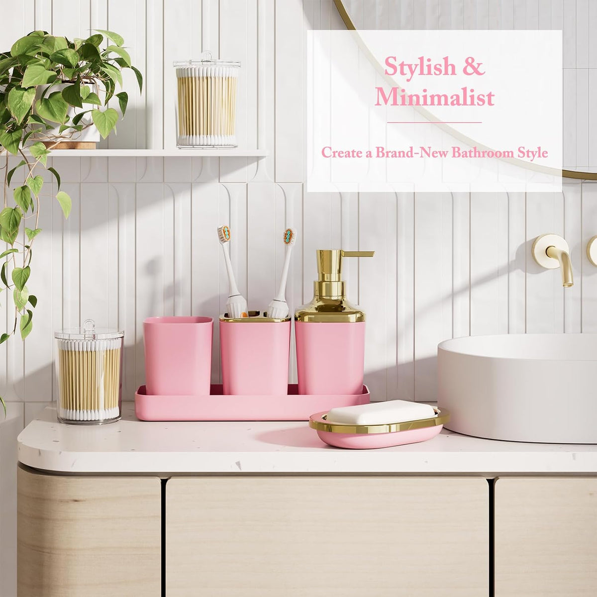 XLHOMO Bathroom Accessory Set - 24PCS Luxury Bathroom Accessories Set, Bathroom Sets with Shower Curtain and Rugs, Pink Bathroom Set with Trash Can, Toothbrush Holder & Soap Dispenser for Home Decor