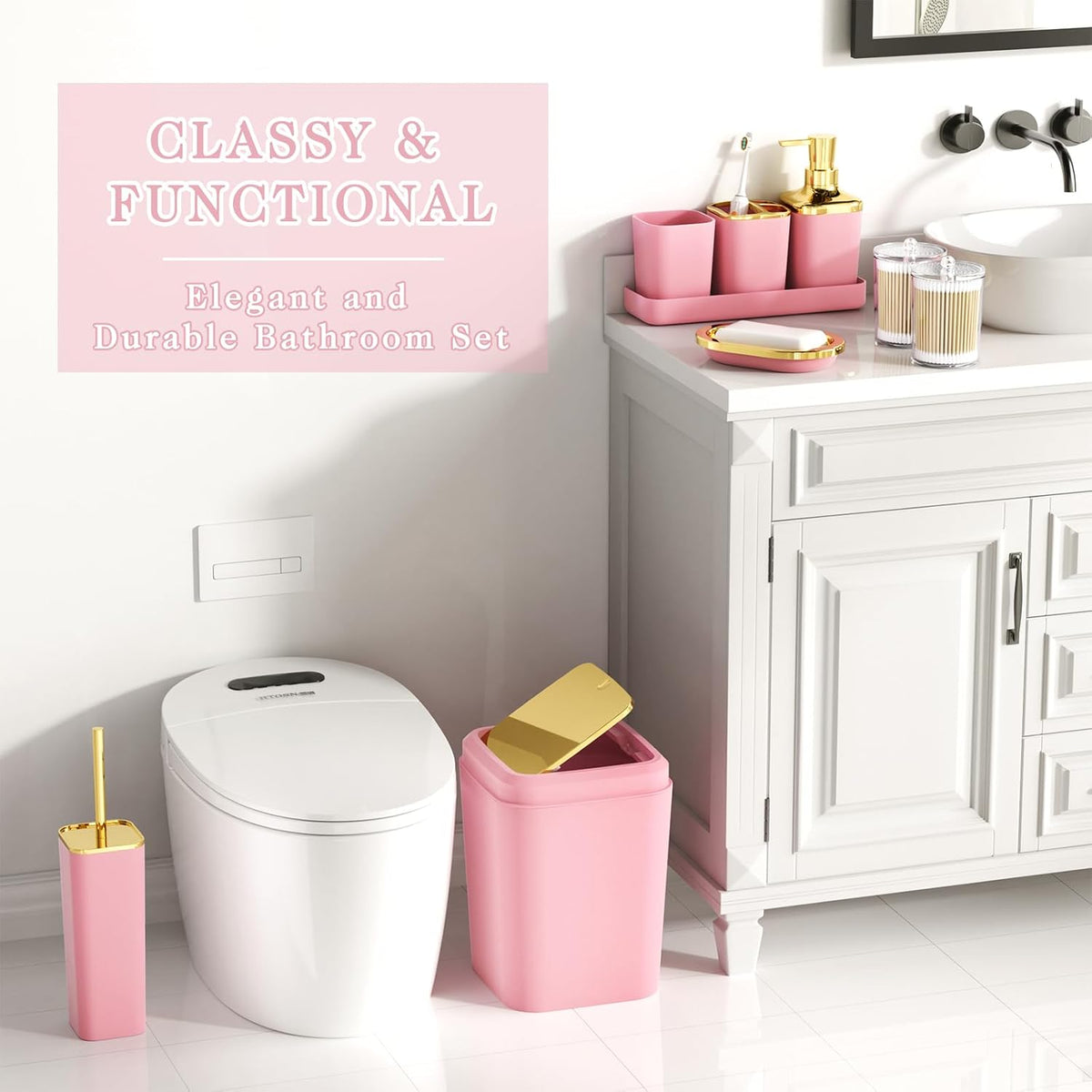XLHOMO Bathroom Accessory Set - 24PCS Luxury Bathroom Accessories Set, Bathroom Sets with Shower Curtain and Rugs, Pink Bathroom Set with Trash Can, Toothbrush Holder & Soap Dispenser for Home Decor