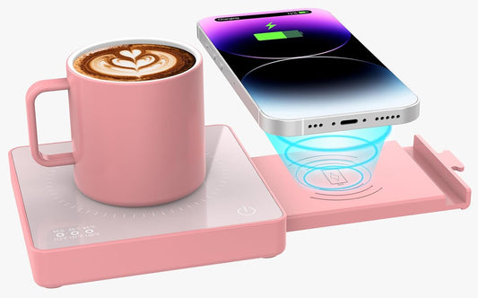 Coffee Mug Warmer with 15W Wireless Phone Charger & 3A USB Charging Port, 3 Temp Settings & 8H Auto Shut Off, Candle Warmer Plate for Heating Coffee, Milk, Tea & Candles,Valentine's Day Gift(Pink)