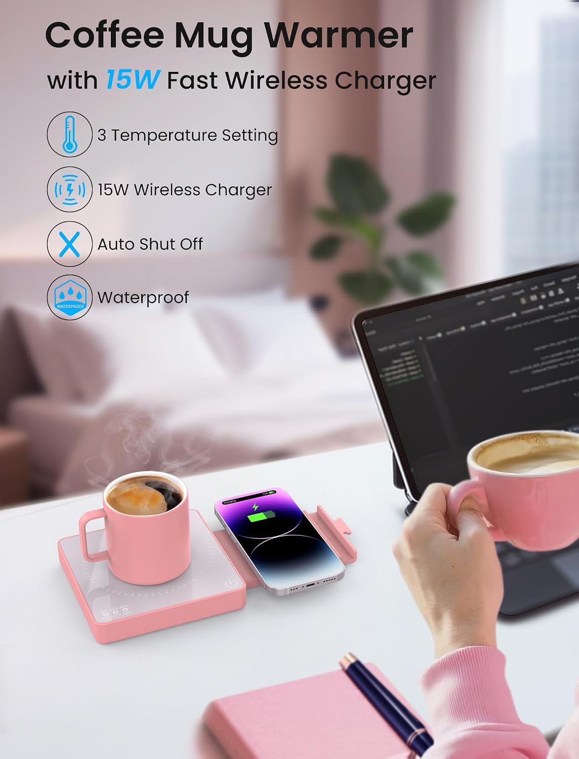 Coffee Mug Warmer with 15W Wireless Phone Charger & 3A USB Charging Port, 3 Temp Settings & 8H Auto Shut Off, Candle Warmer Plate for Heating Coffee, Milk, Tea & Candles,Valentine's Day Gift(Pink)