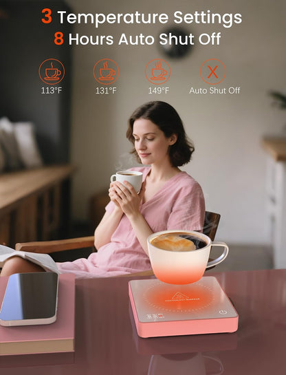 Coffee Mug Warmer with 15W Wireless Phone Charger & 3A USB Charging Port, 3 Temp Settings & 8H Auto Shut Off, Candle Warmer Plate for Heating Coffee, Milk, Tea & Candles,Valentine's Day Gift(Pink)