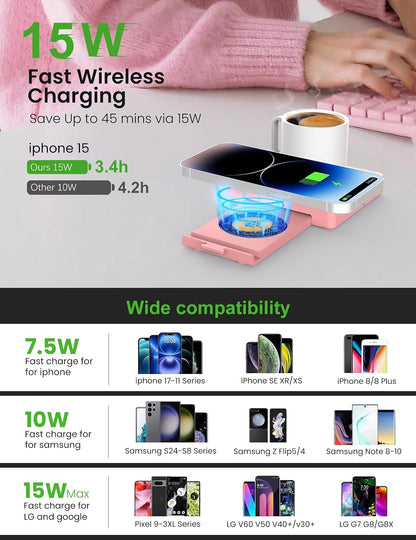 Coffee Mug Warmer with 15W Wireless Phone Charger & 3A USB Charging Port, 3 Temp Settings & 8H Auto Shut Off, Candle Warmer Plate for Heating Coffee, Milk, Tea & Candles,Valentine's Day Gift(Pink)