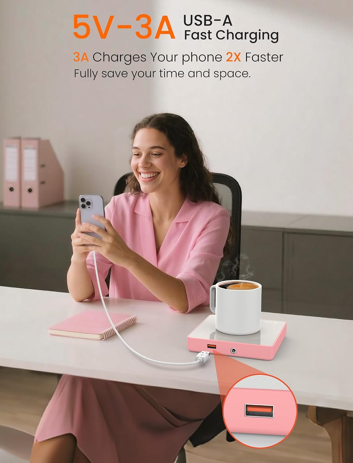 Coffee Mug Warmer with 15W Wireless Phone Charger & 3A USB Charging Port, 3 Temp Settings & 8H Auto Shut Off, Candle Warmer Plate for Heating Coffee, Milk, Tea & Candles,Valentine's Day Gift(Pink)