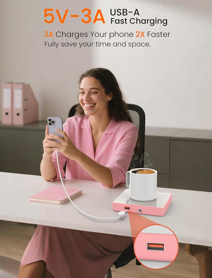 Coffee Mug Warmer with 15W Wireless Phone Charger & 3A USB Charging Port, 3 Temp Settings & 8H Auto Shut Off, Candle Warmer Plate for Heating Coffee, Milk, Tea & Candles,Valentine's Day Gift(Pink)