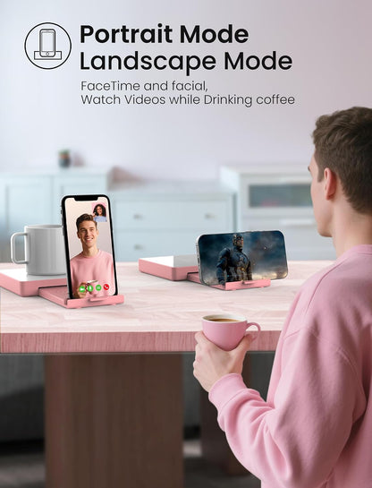 Coffee Mug Warmer with 15W Wireless Phone Charger & 3A USB Charging Port, 3 Temp Settings & 8H Auto Shut Off, Candle Warmer Plate for Heating Coffee, Milk, Tea & Candles,Valentine's Day Gift(Pink)