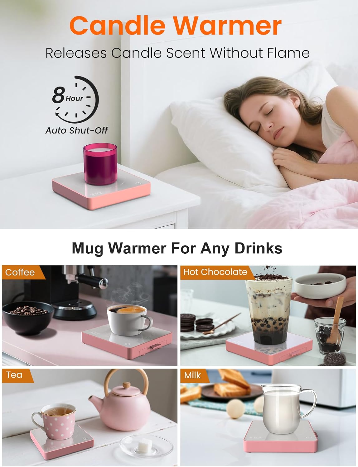 Coffee Mug Warmer with 15W Wireless Phone Charger & 3A USB Charging Port, 3 Temp Settings & 8H Auto Shut Off, Candle Warmer Plate for Heating Coffee, Milk, Tea & Candles,Valentine's Day Gift(Pink)