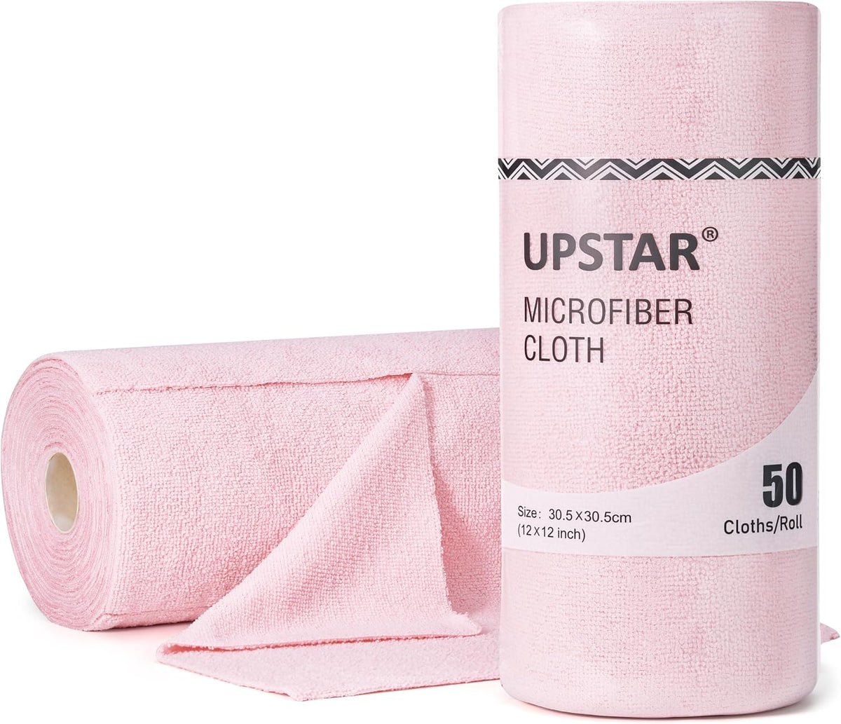 Microfiber Cleaning Cloth, Reusable Paper Towels Rolls, 50 Packs 12x12 inch Cleaning Rags for Washing Dishes, Kitchen, Bathroom, Car, Pink
