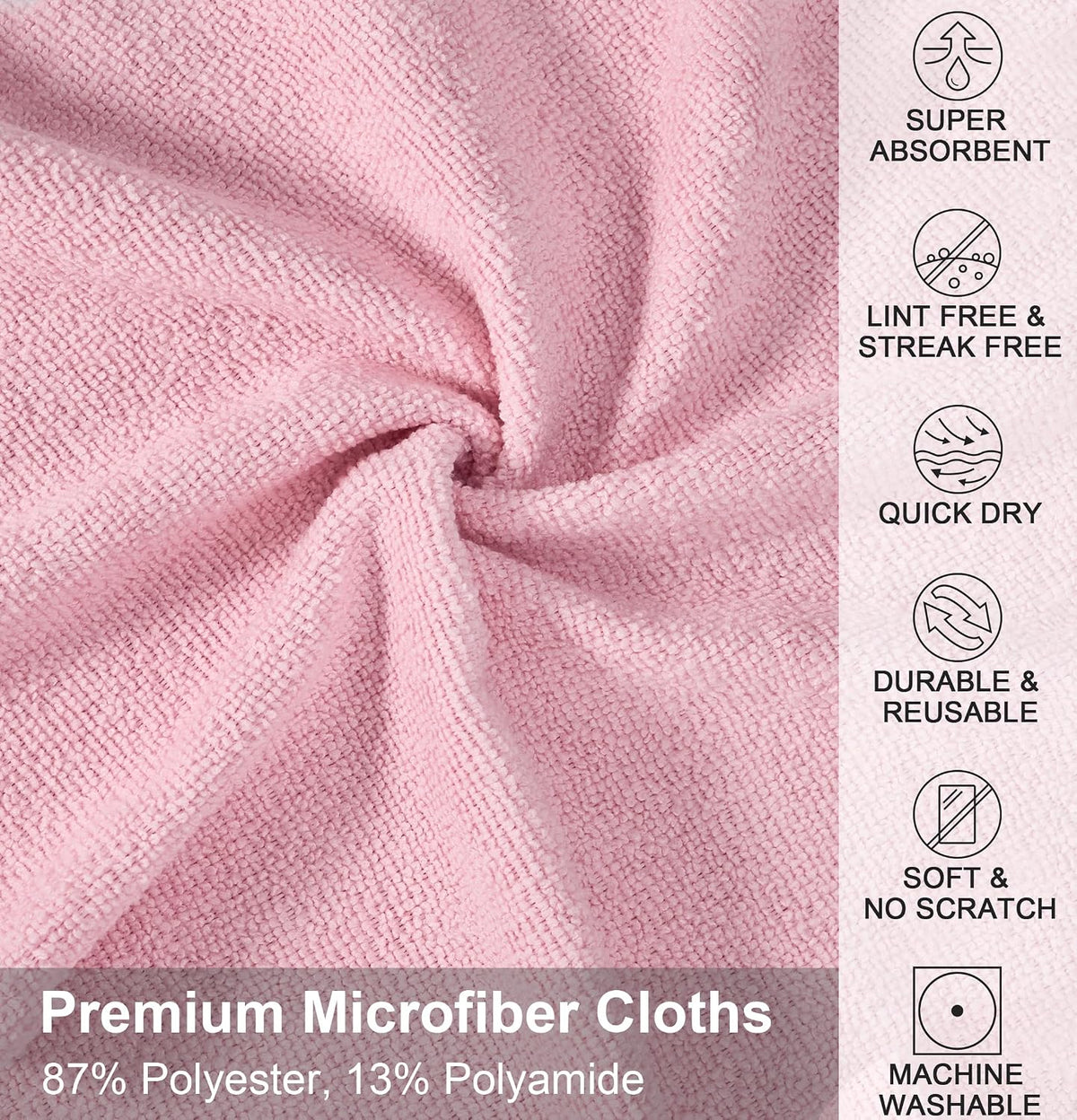 Microfiber Cleaning Cloth, Reusable Paper Towels Rolls, 50 Packs 12x12 inch Cleaning Rags for Washing Dishes, Kitchen, Bathroom, Car, Pink