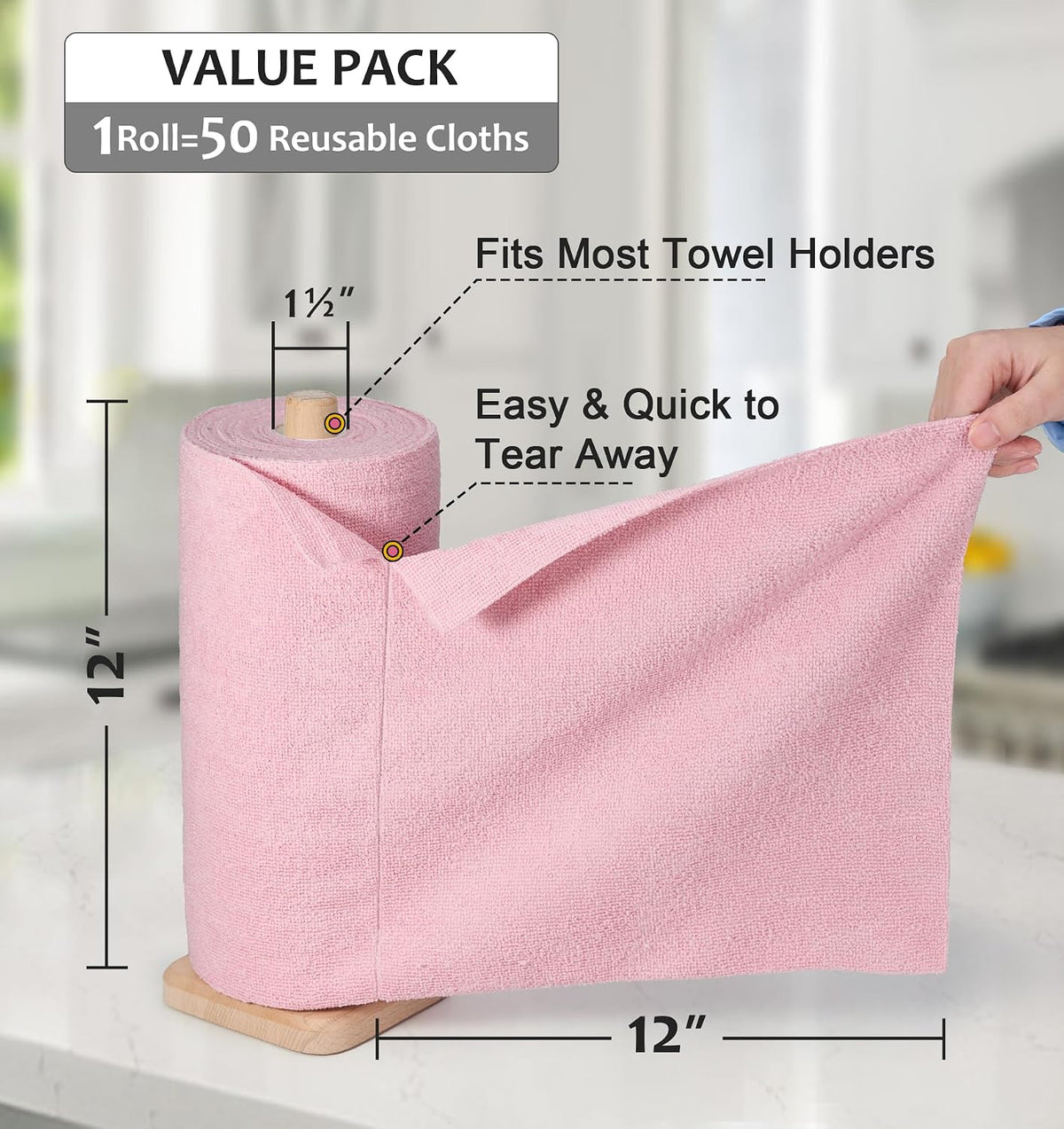 Microfiber Cleaning Cloth, Reusable Paper Towels Rolls, 50 Packs 12x12 inch Cleaning Rags for Washing Dishes, Kitchen, Bathroom, Car, Pink