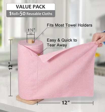 Microfiber Cleaning Cloth, Reusable Paper Towels Rolls, 50 Packs 12x12 inch Cleaning Rags for Washing Dishes, Kitchen, Bathroom, Car, Pink