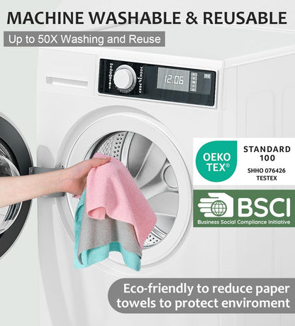 Microfiber Cleaning Cloth, Reusable Paper Towels Rolls, 50 Packs 12x12 inch Cleaning Rags for Washing Dishes, Kitchen, Bathroom, Car, Pink