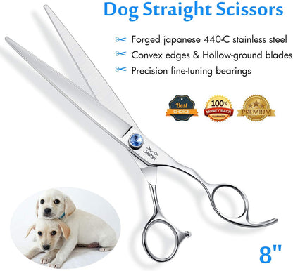 JASON 8" Straight Dog Grooming Scissors Long Pets Grooming Shears Premium Cats Trimming Kit with Offset Handle and a Jewelled Screw Sharp Comfortable Christmas Gift